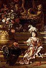 Seated Canvas Paintings - A Boy Seated On A Terrace With His Pet Monkey And a Turkey, A Still Life Of Flowers In A Sculpted Urn At Left